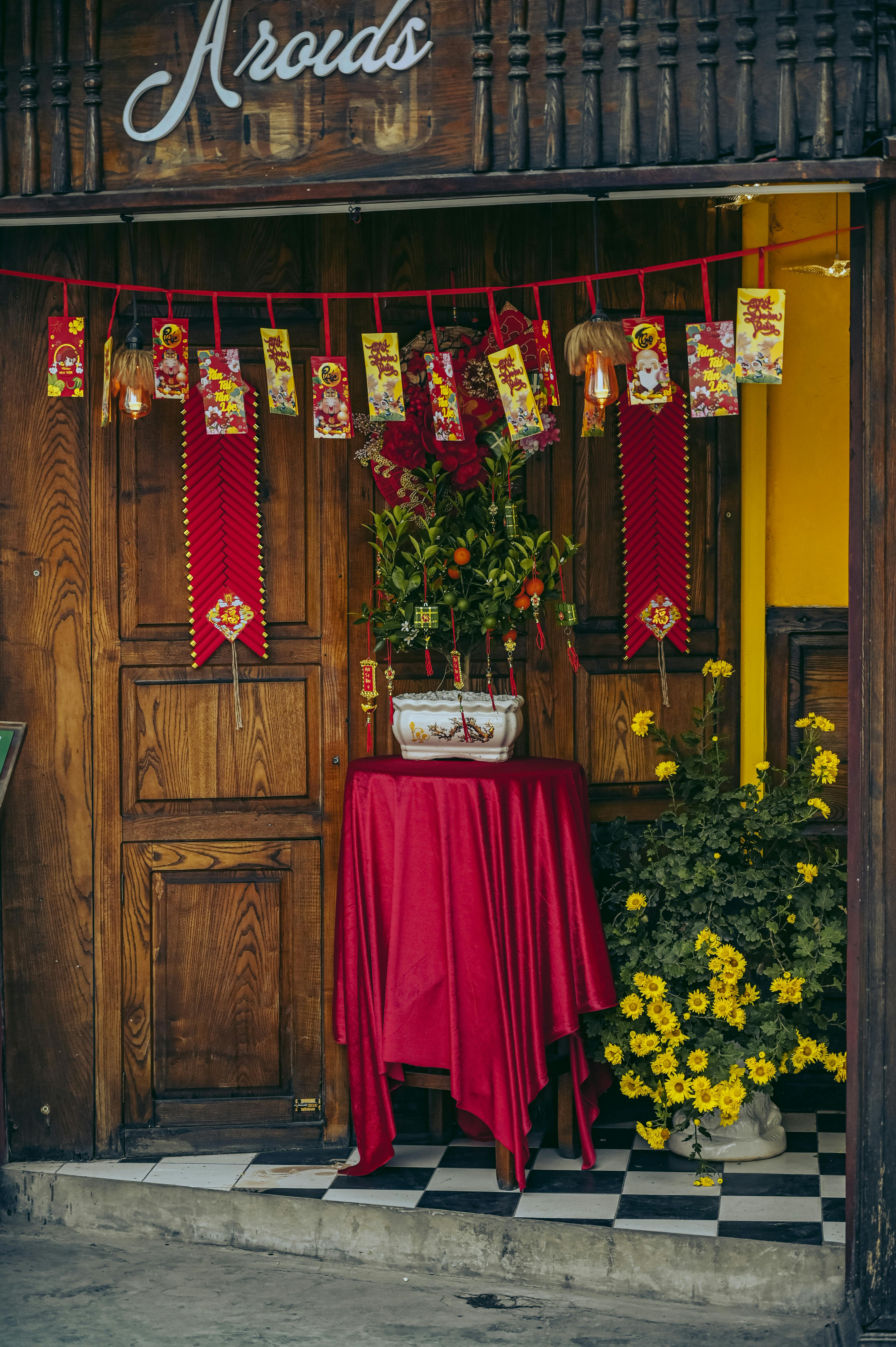 vibrant chinese new year decor outside a shop