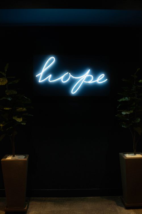 Free Neon 'hope' sign glowing in a dark setting with plants, evoking positivity. Stock Photo