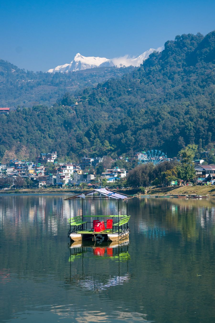 Phewa Lake and Himalayan mountains in Pokhara Nepal