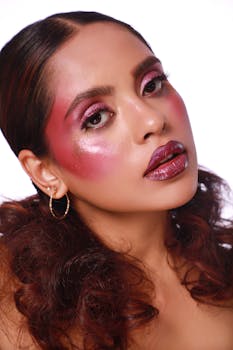 Close-up of a model with bold red makeup and dramatic lashes.