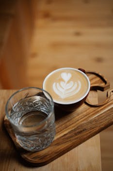 Close-up of a latte with heart latte art and a glass of water on a wooden tray.