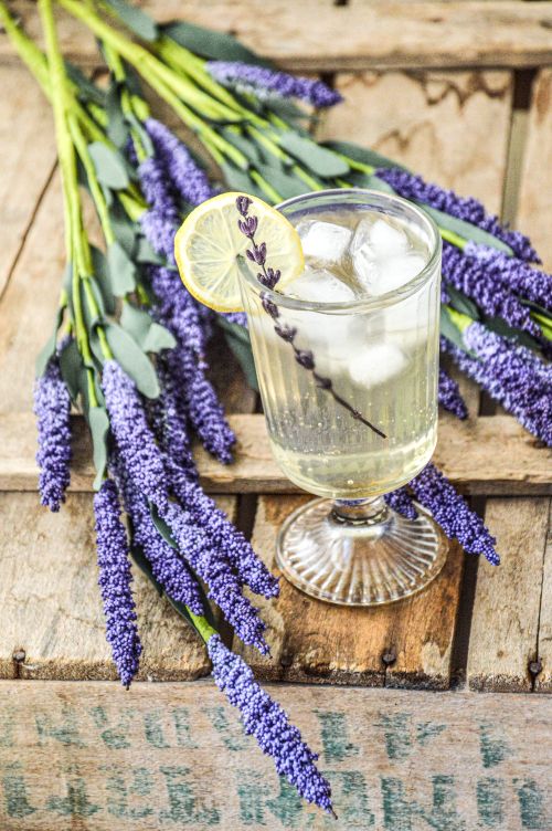 Free A glass of ice-cold lavender lemonade garnished with a lemon slice and lavender sprig on rustic wood. Stock Photo