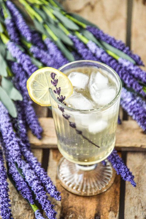 Free Chilled lemon lavender cocktail with ice cubes, artistic flat lay. Stock Photo