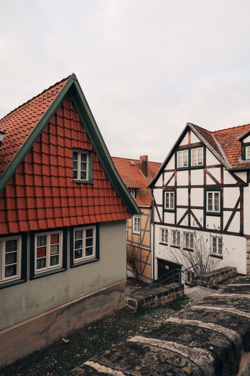 Free Scenic view of half-timbered houses in Quedlinburg's historic old town. Stock Photo