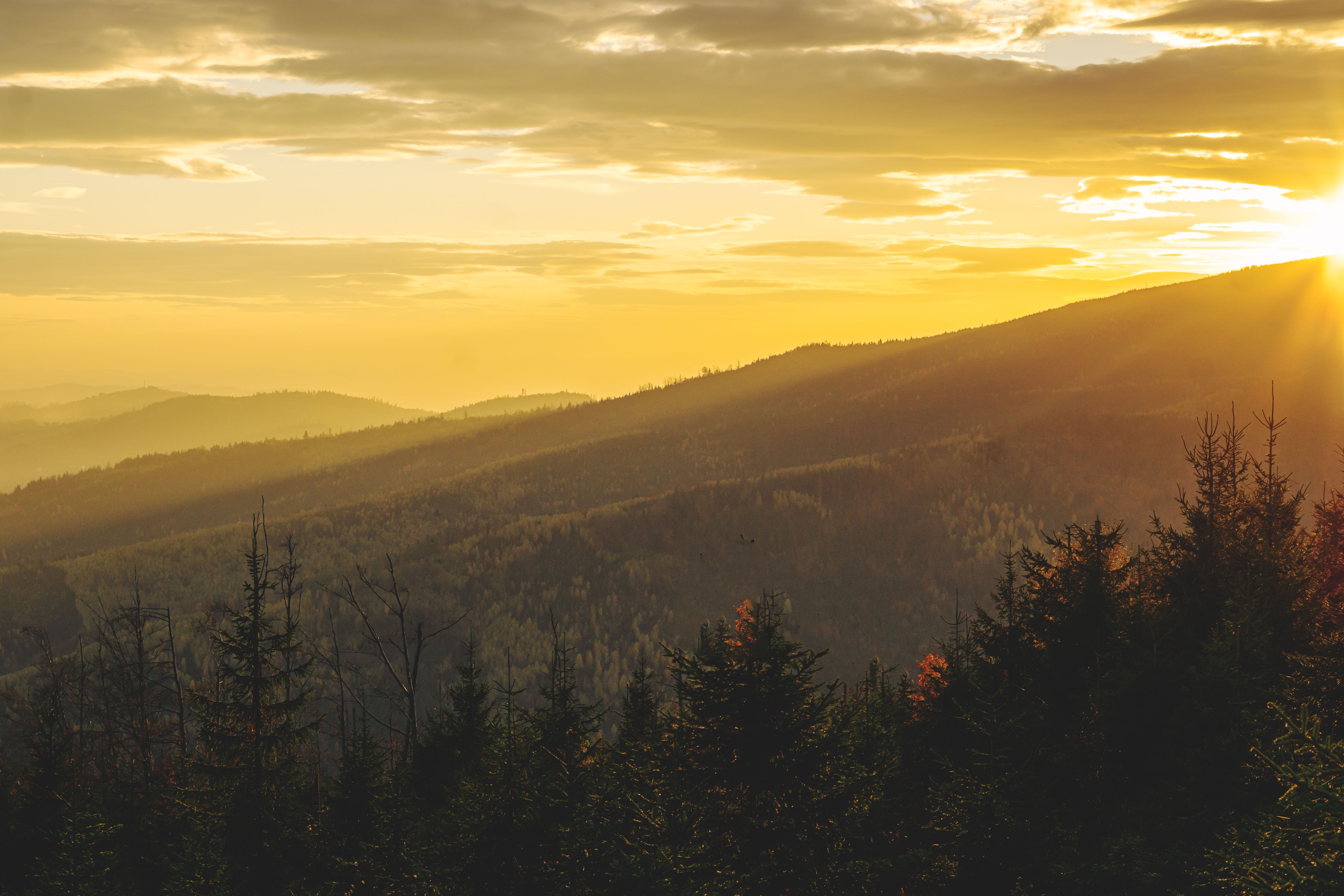 Golden Sunset Over Misty Mountain Range · Free Stock Photo