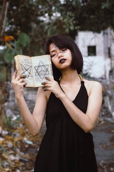 一名女子手持一本打开的书站在户外，书上写着神秘符号，散发着神秘而怪异的氛围