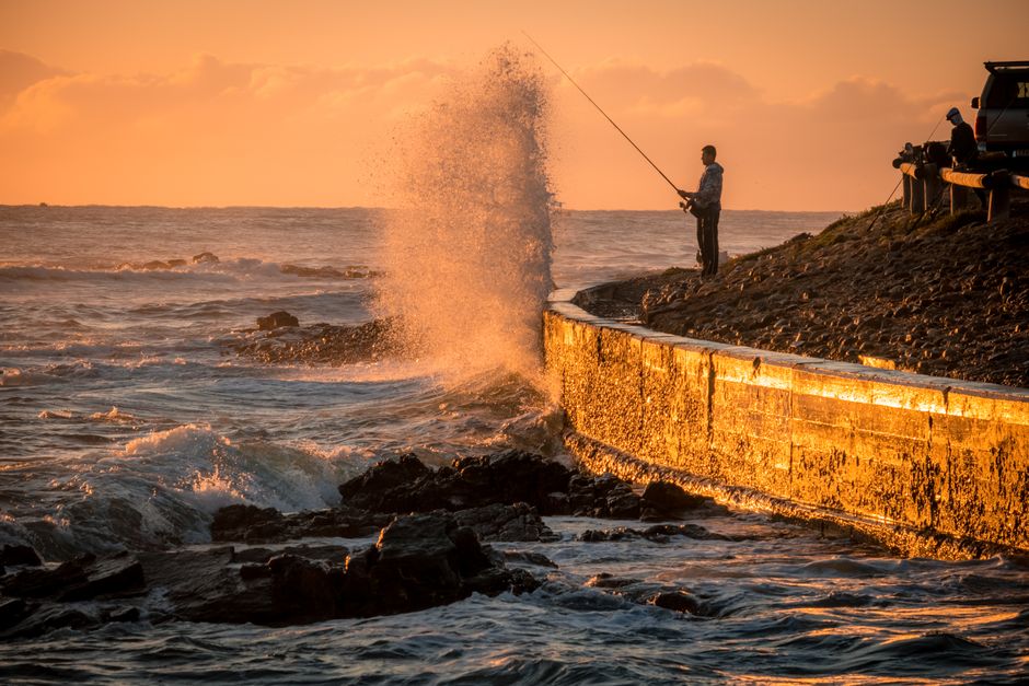 A fisherman casting at sunset with waves crashing in Still Bay, South Africa.