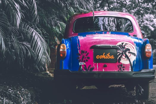 一辆设计充满活力的复古汽车，停在郁郁葱葱的绿色环境中，展现出经典的汽车风格