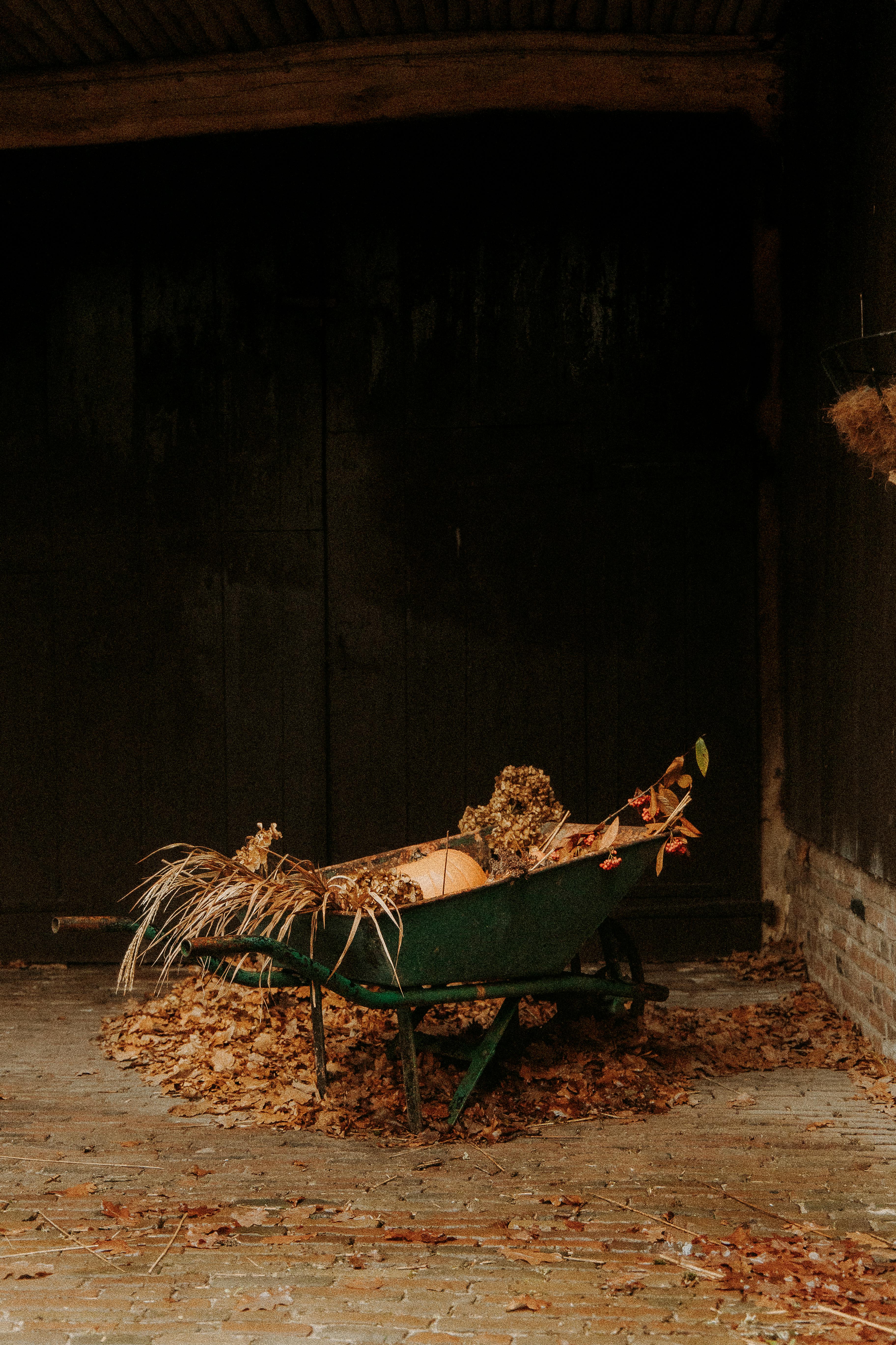 A rustic wheelbarrow filled with dried leaves and twigs indoors.