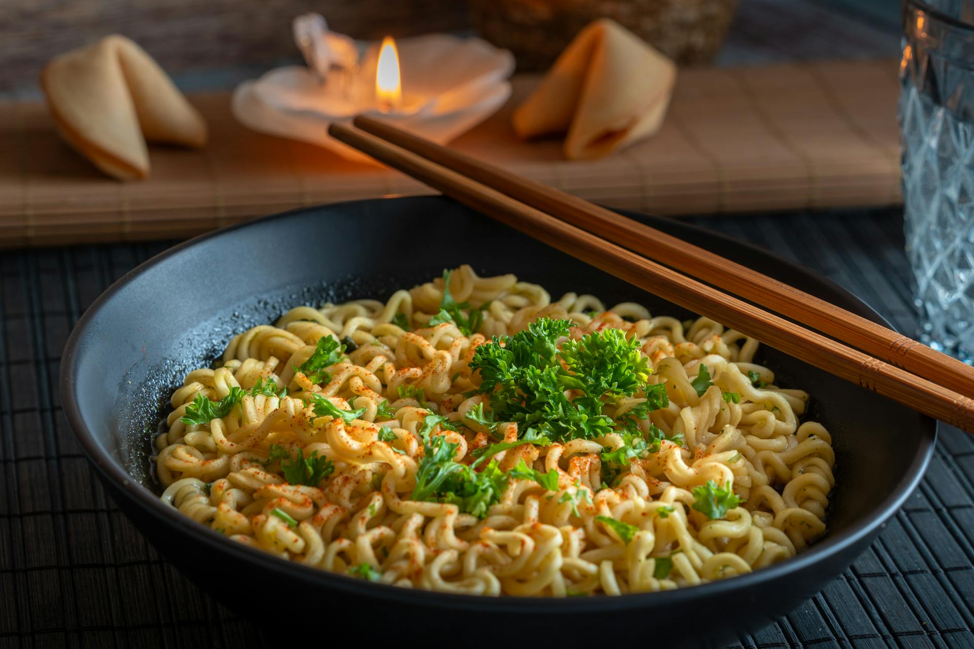 Close-up of a flavorful Asian noodle dish garnished with herbs, served with chopsticks and fortune cookies.