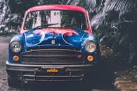 一辆涂着艺术彩绘、充满活力的古董车，停靠在郁郁葱葱的热带植物旁