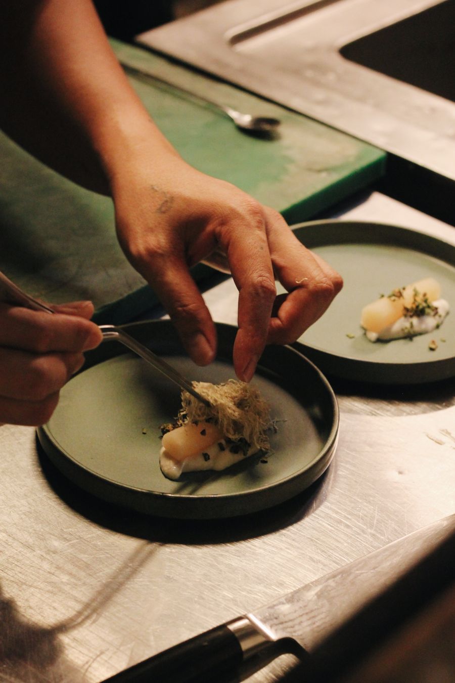 Close-up of intricate fine dining food plating