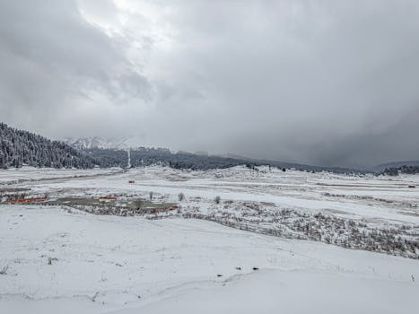 A serene winter landscape showcasing snow-covered fields and distant mountains.