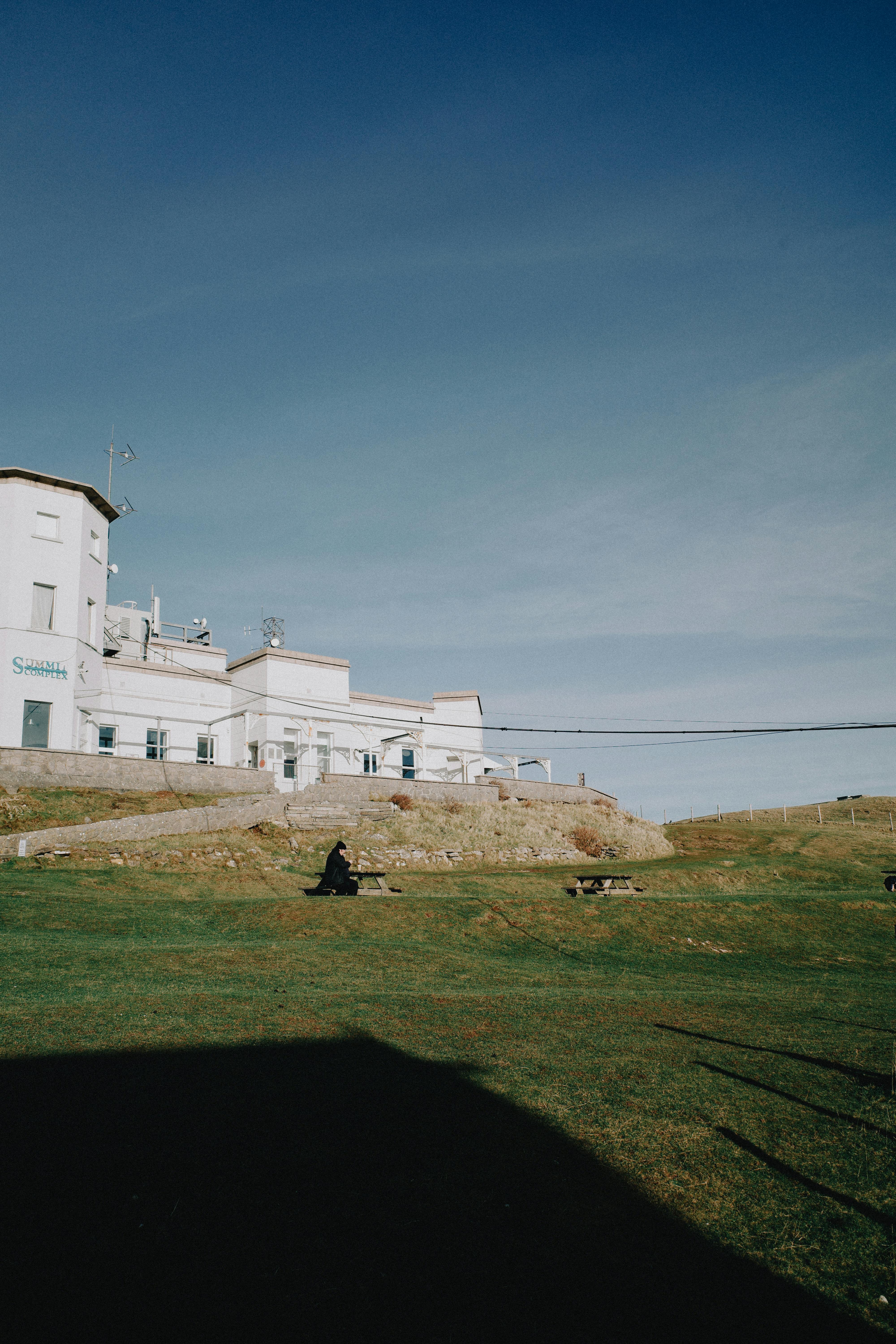 Tranquil view of a building in Wales under a clear blue sky.