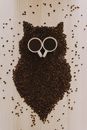 猫头鹰形状的艺术品，是用咖啡豆和杯子在木制表面上制成的
