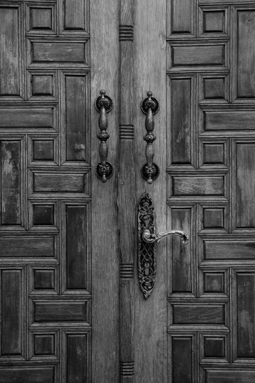 Free Black and white image of a detailed wooden door with an ornate handle, showcasing rich textures. Stock Photo