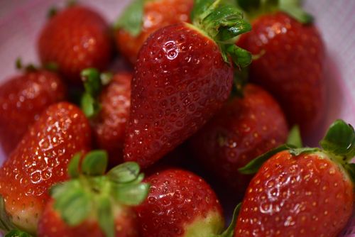 Free Vivid close-up of ripe, fresh strawberries in a bowl with vibrant red tones. Stock Photo