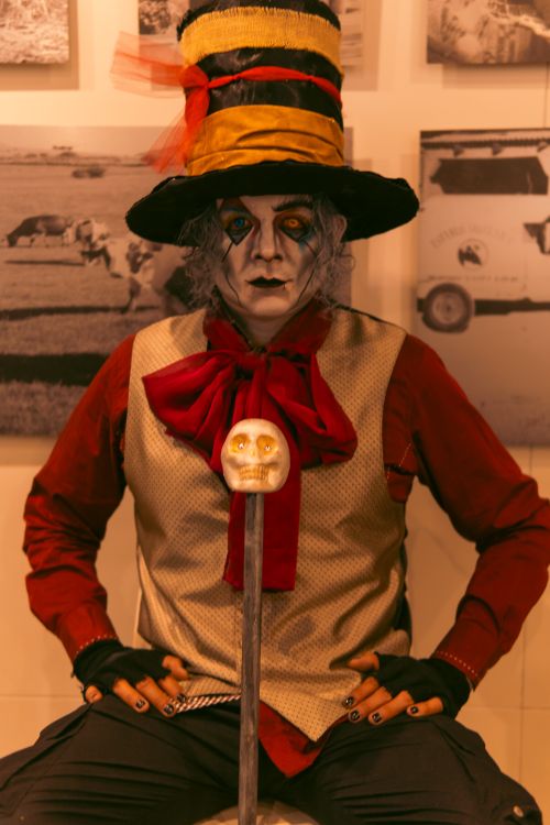 Free Striking Mad Hatter cosplay with a colorful and detailed costume inspired by Tim Burton's style. Stock Photo