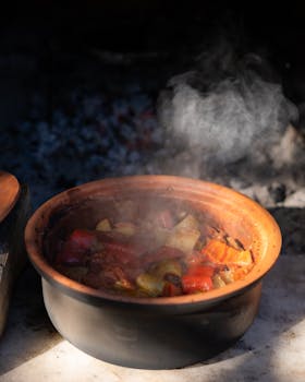 A steaming vegetable stew in a clay pot, highlighting rustic cooking and flavors.