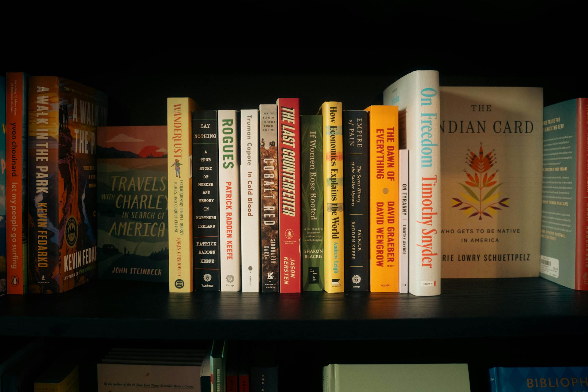 A well-stocked bookshelf featuring a variety of genres and authors.