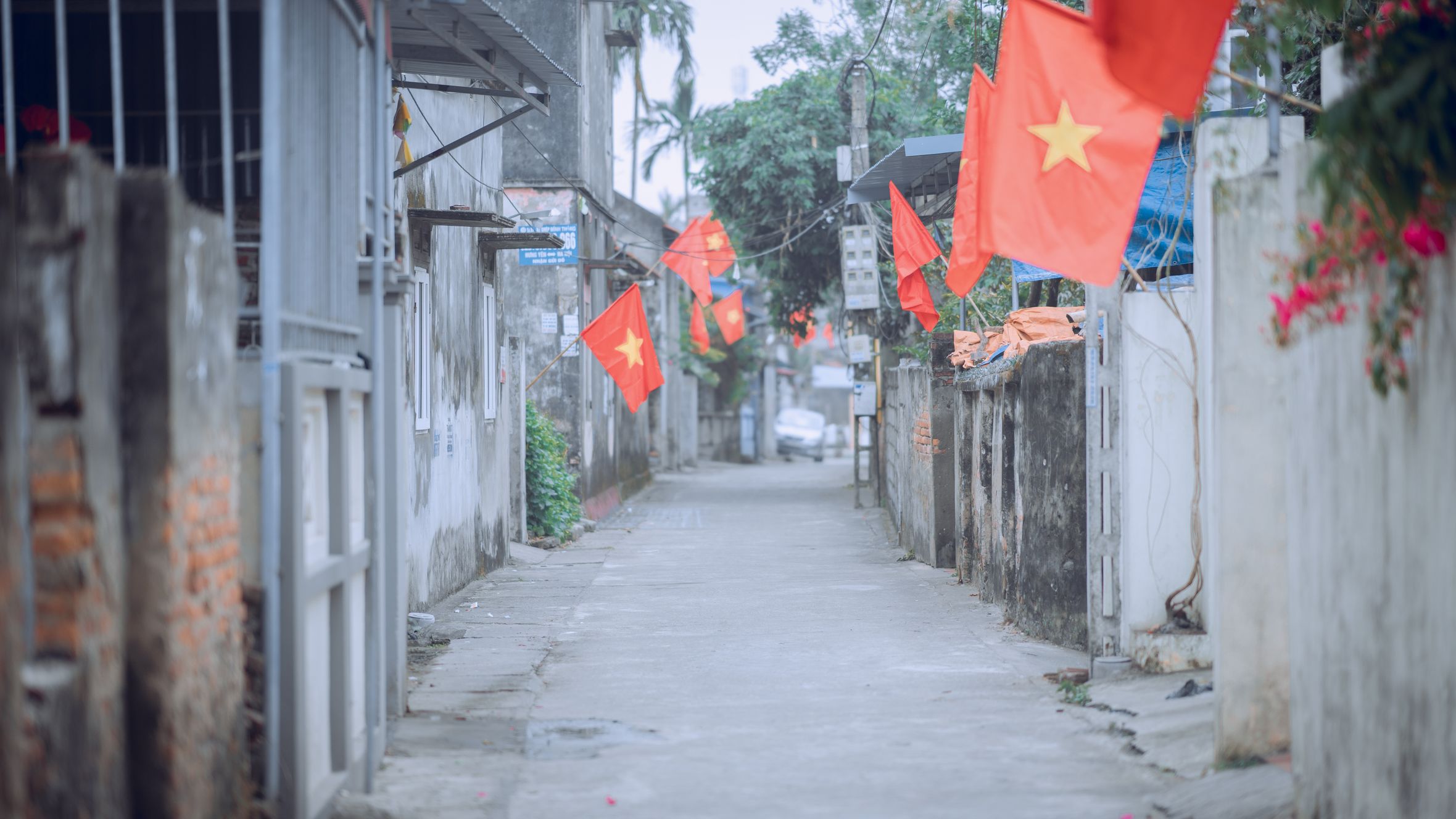 A tranquil street scene in Vietnam with national flags displayed along the path.