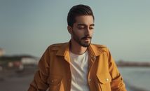 一位穿着黄色夹克的时尚男子在白天的海滩上的肖像