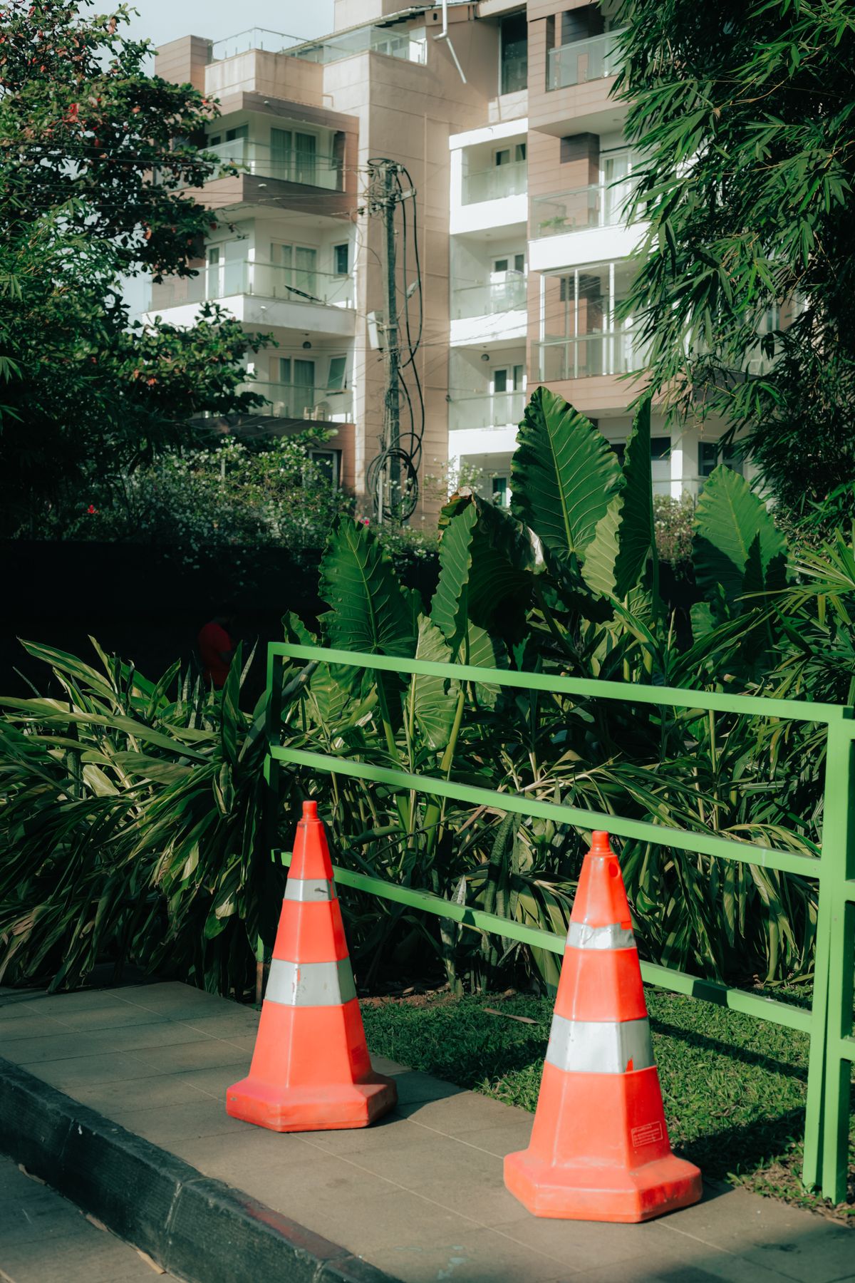 Modern Indian hotel exterior with lush greenery