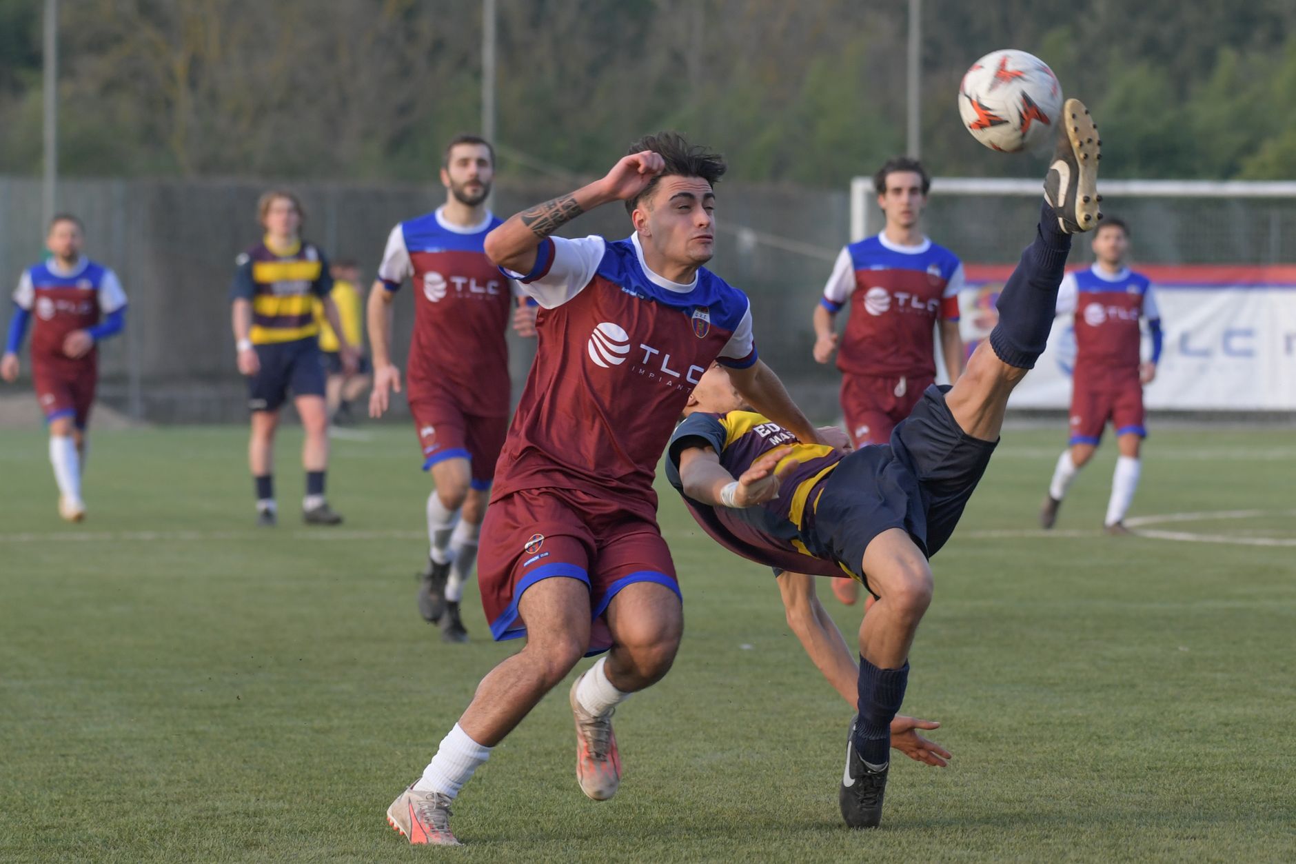 Action-packed moment during a soccer match with players showing skill and agility.