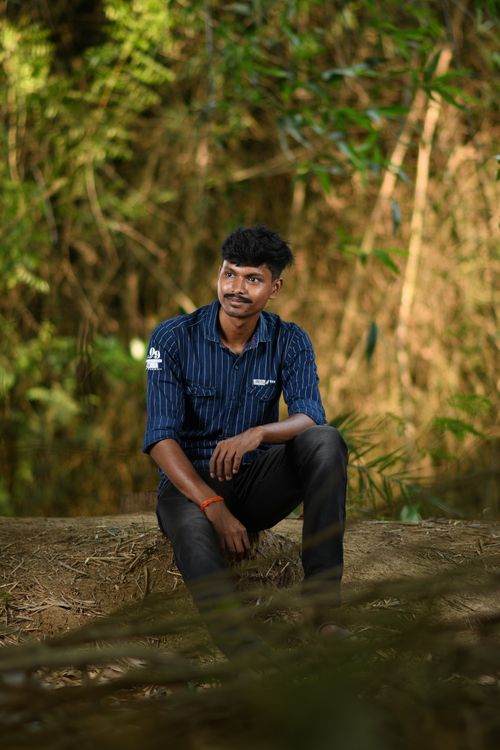 Free A young man sitting on a log in a vibrant forest, enjoying the peaceful nature backdrop. Stock Photo