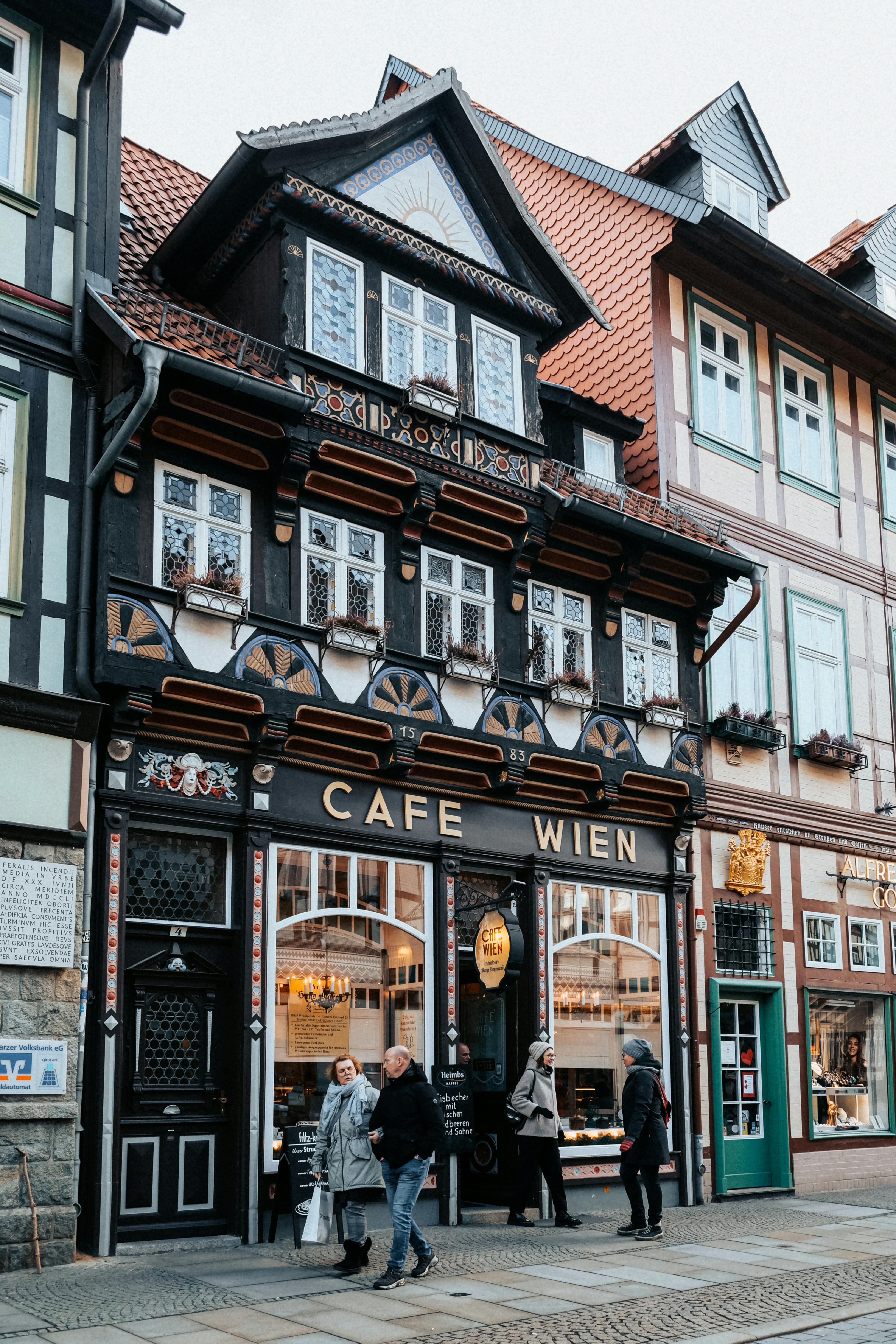 Historic Cafe Wien with charming Fachwerk architecture in Wernigerode, perfect for travel exploration.