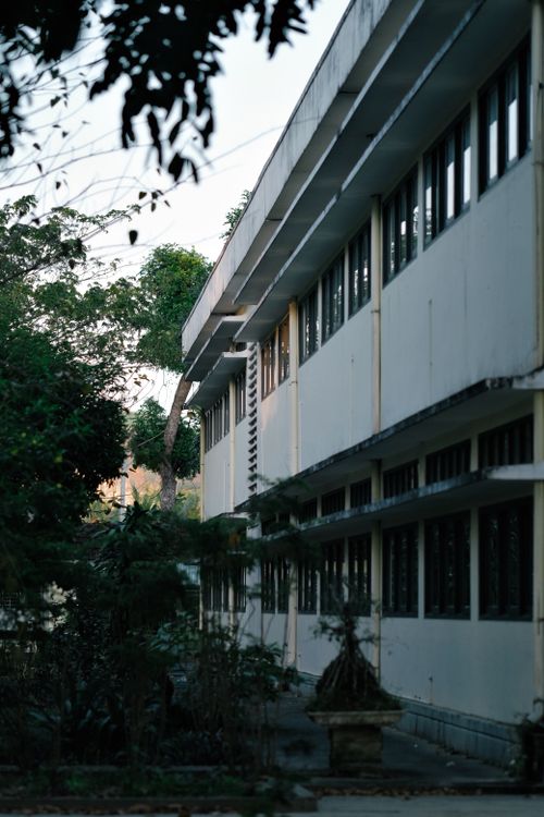 Free A modern building exterior with nature surrounding, captured in soft daylight. Stock Photo