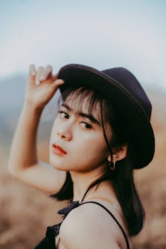 一位年轻时尚的女性，戴着黑色帽子，白天在户外摆姿势的肖像