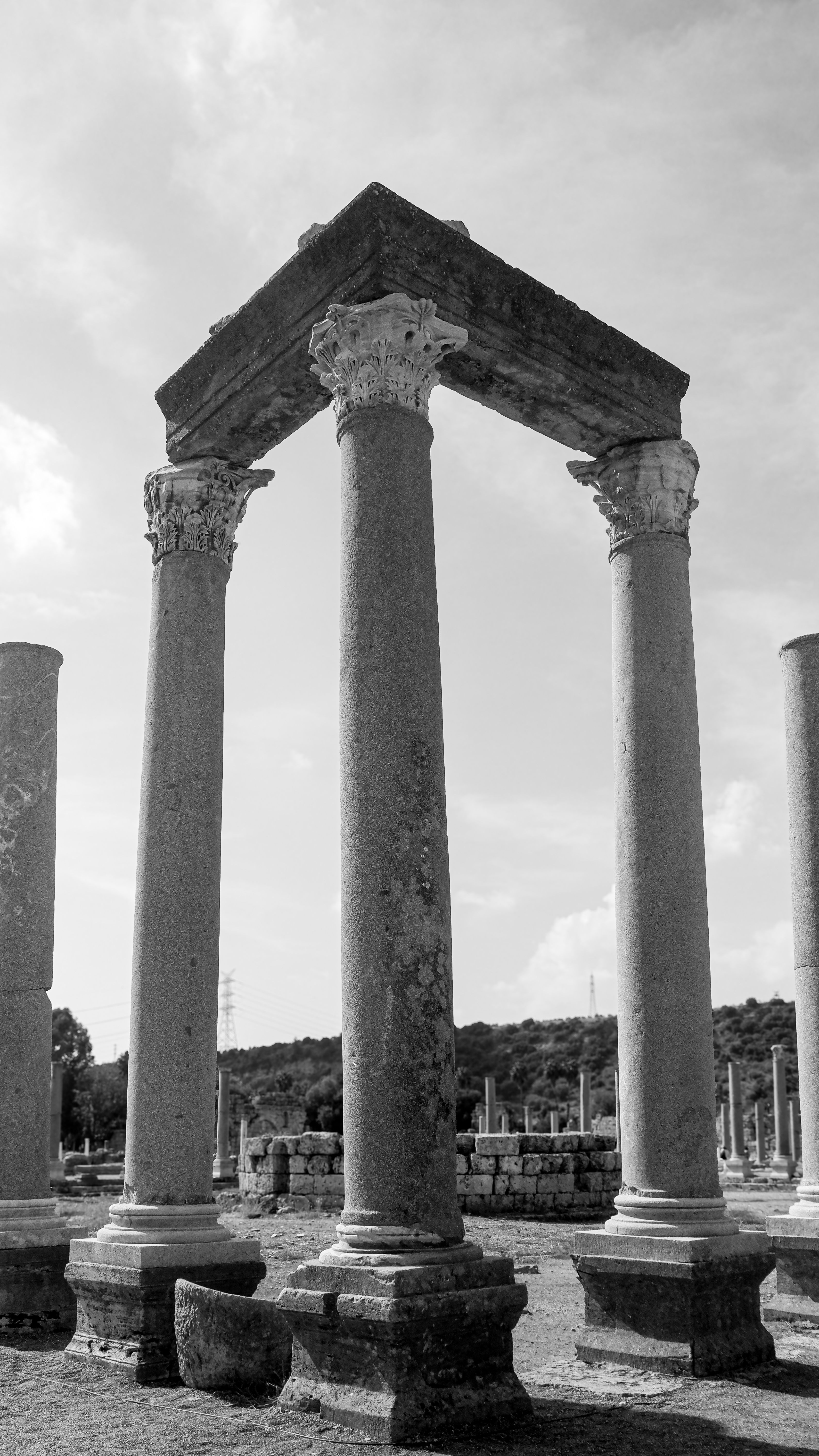 Black and white photo of ancient Roman pillars against the sky.