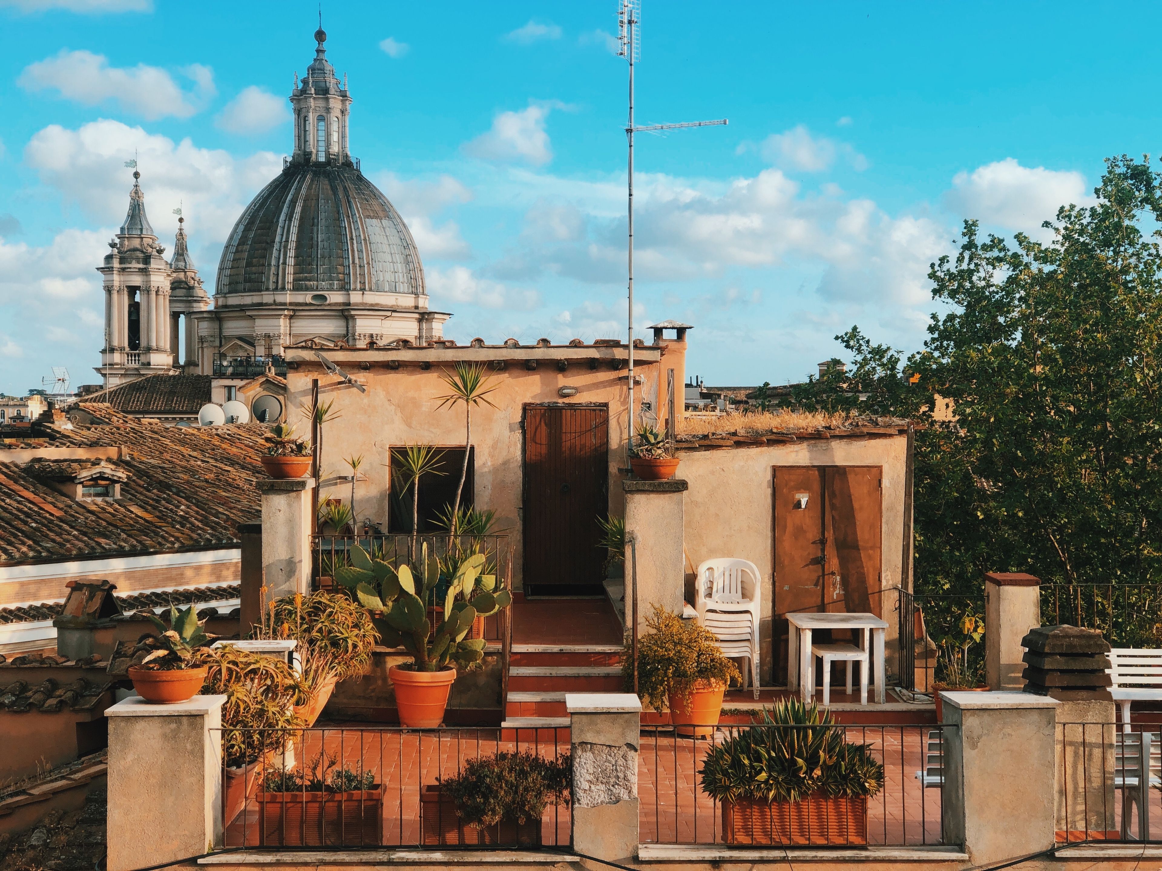 Rooftop terrace overlooking the Pantheon at a mid-range hotel in Rome's historic center