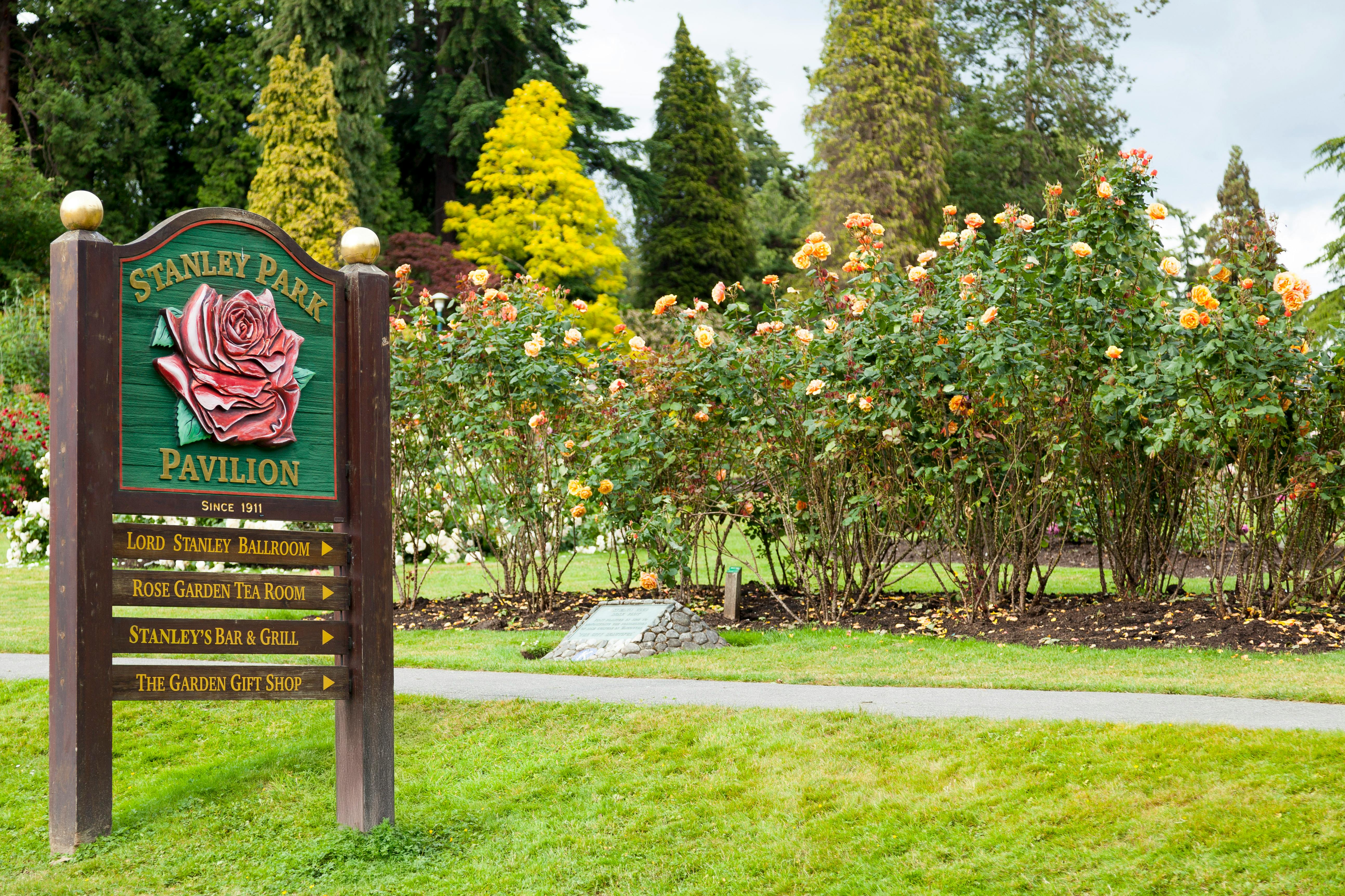 Beautiful Stanley Park Rose Garden with pavilion sign in Vancouver, displaying colorful roses and lush greenery.