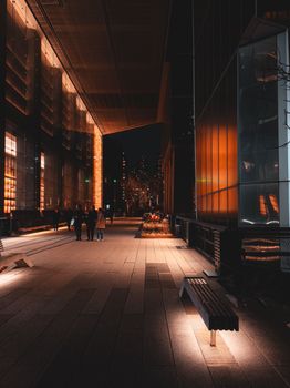 A vibrant city street at night with modern buildings beautifully lit, capturing urban elegance.