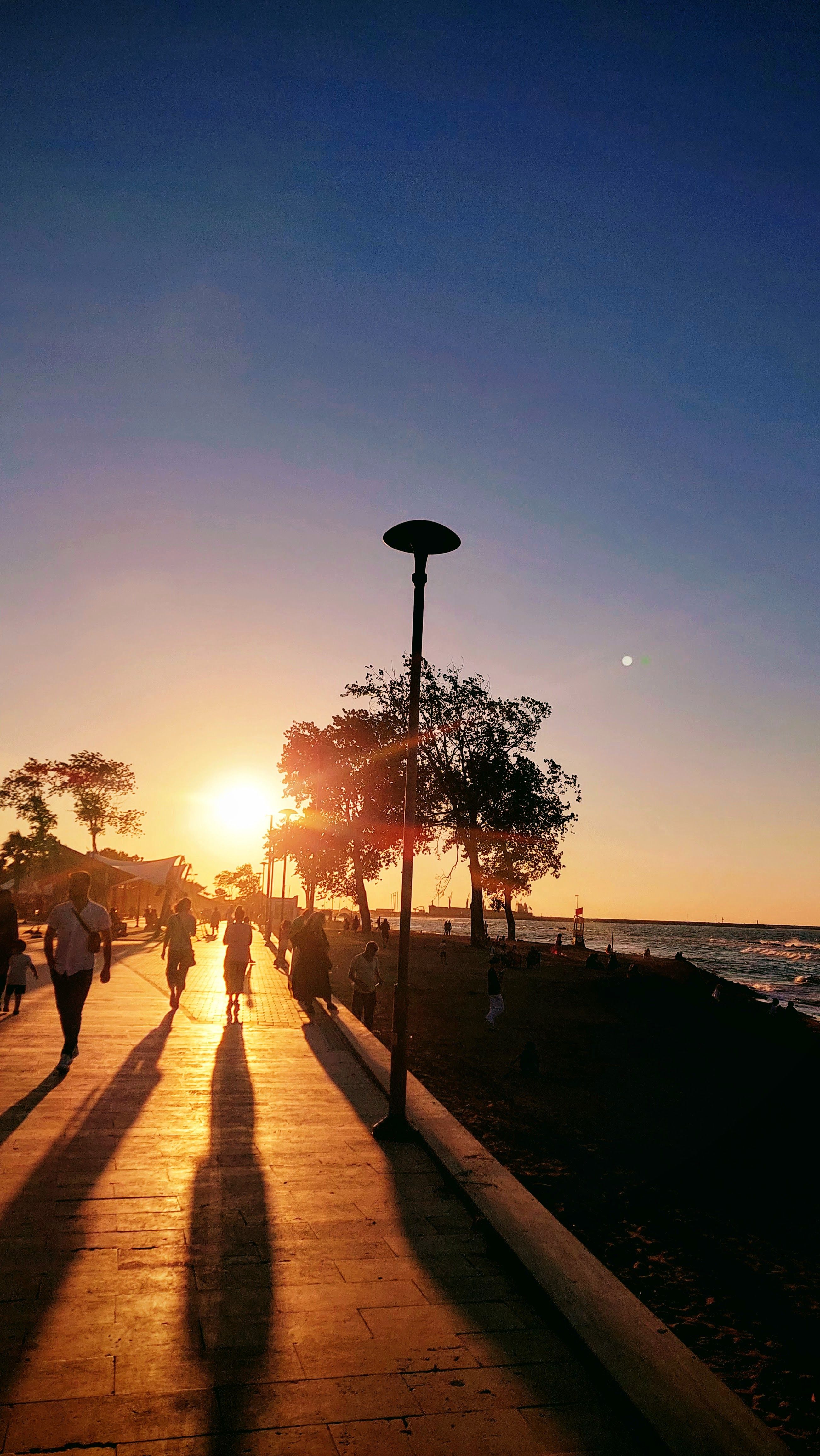 People walking along a scenic promenade during sunset, casting long shadows.