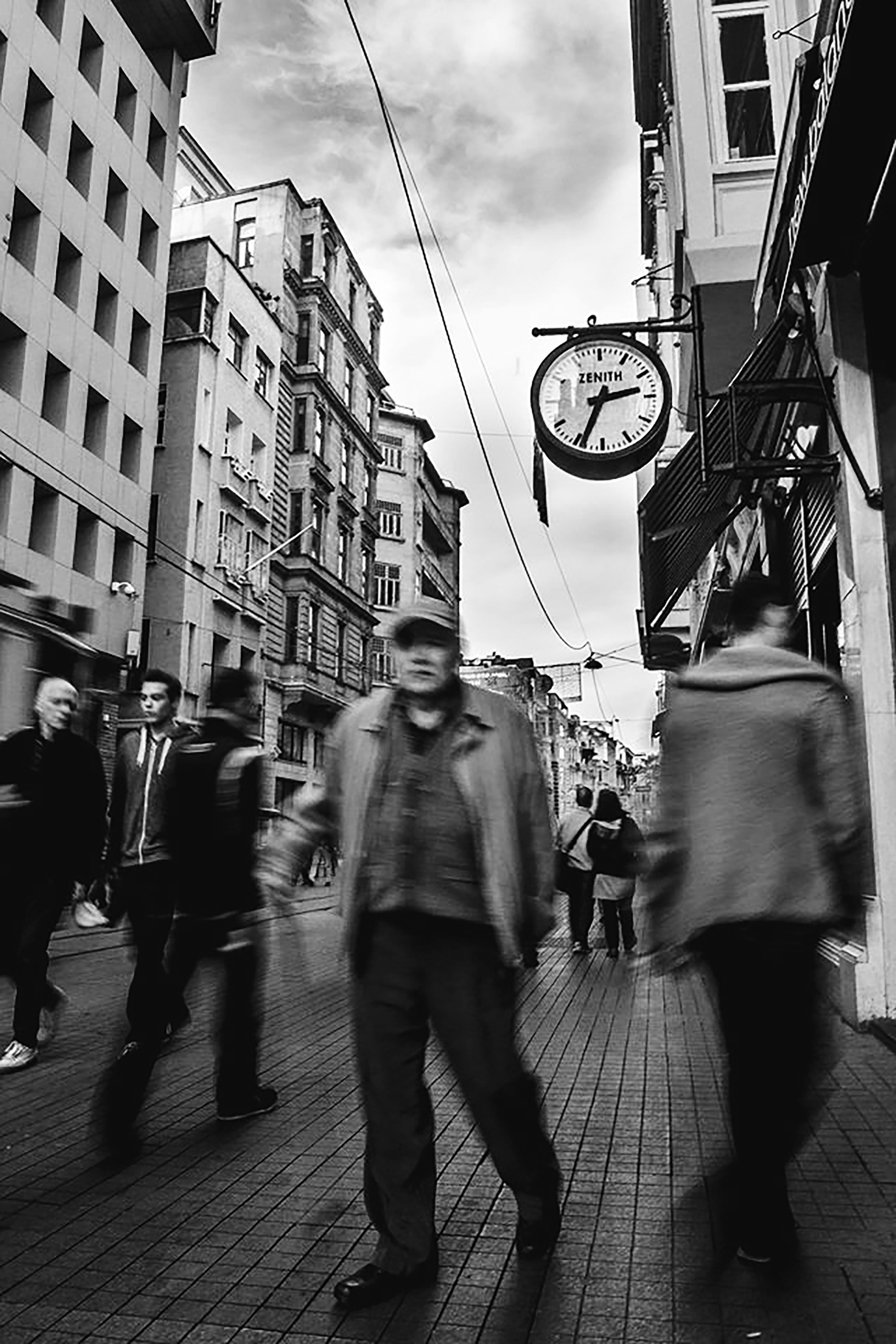 Black and White Urban Street Scene with Clock · Free Stock Photo