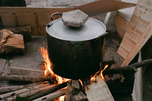 Large pot on open fire outdoors. Rustic cooking setup with wood and flames.
