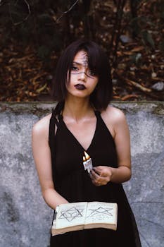 一名年轻女子脸上涂着油漆，在神秘的户外环境中手持一张燃烧的纸和一本书