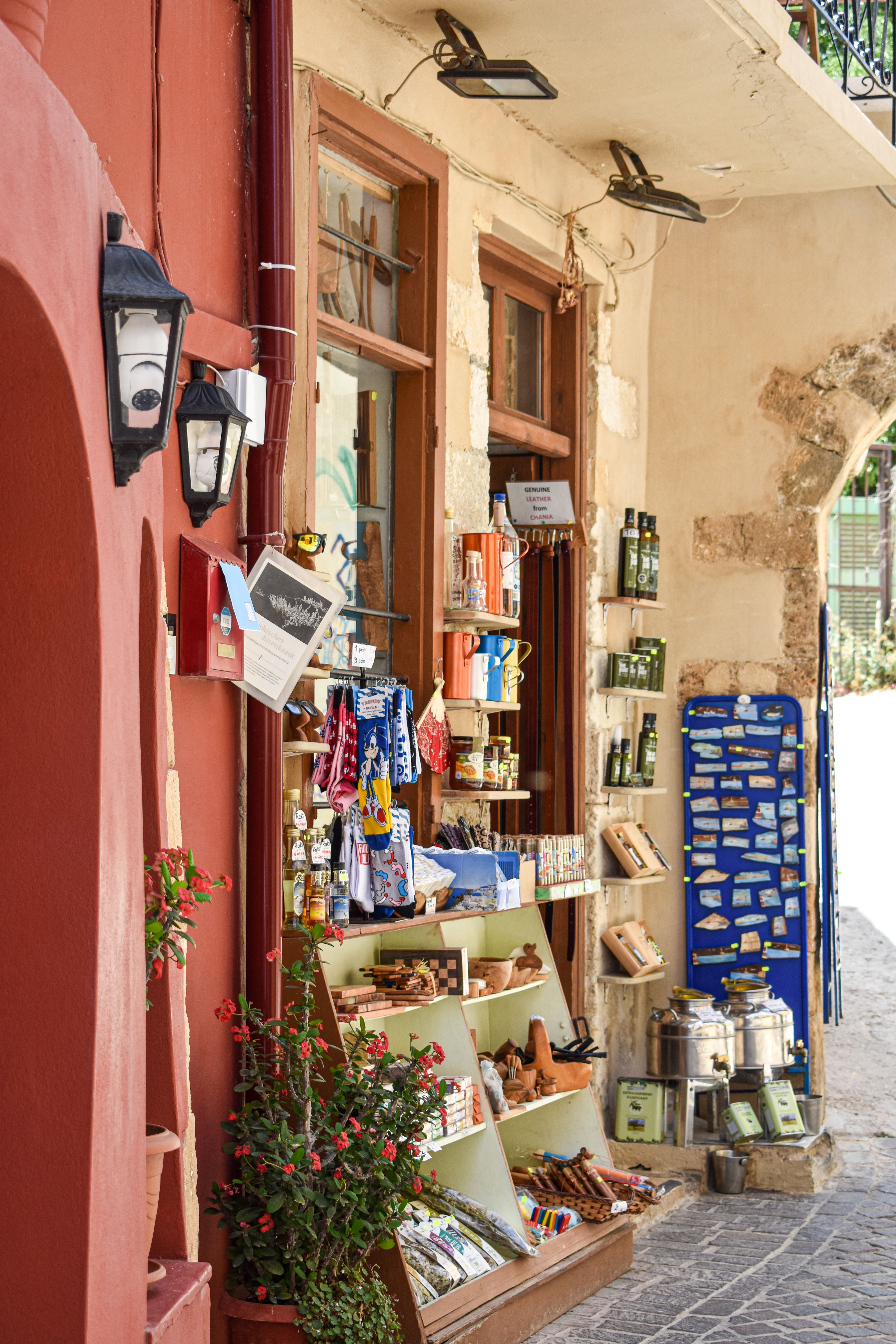 Explore this traditional souvenir shop in Crete, Greece, offering a variety of local goods.