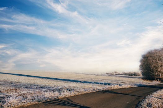 A serene winter scene featuring a frosty field and a curved road under a bright sky.