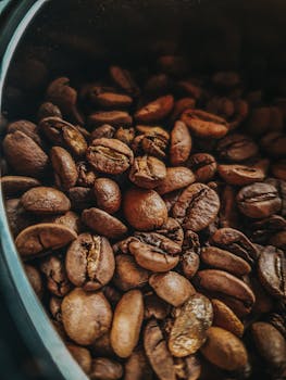 Detailed view of roasted coffee beans in a container in São Paulo, capturing rich textures and earthy tones.