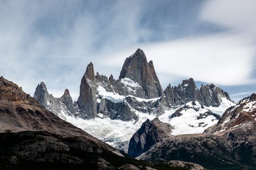 Breathtaking view of Fitz Roy mountain in Patagonia with clear blue skies.