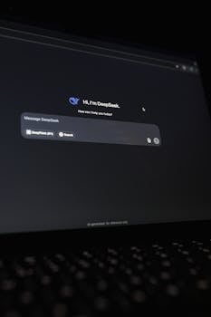 A close-up view of the DeepSeek AI chat interface displayed on a laptop screen in dark mode.