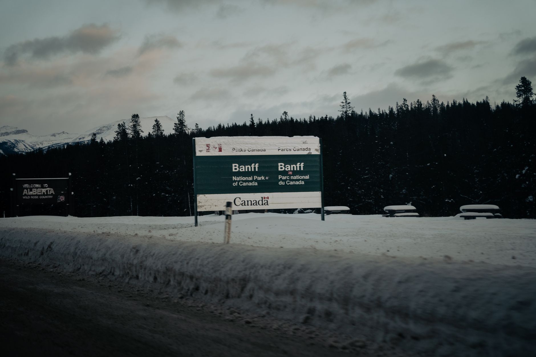 Snowy entrance to Banff National Park, Alberta, Canada.