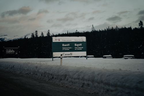 Free Snowy entrance to Banff National Park, Alberta, Canada. Stock Photo