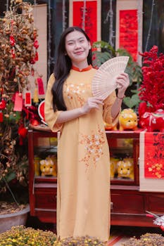 Young woman in yellow Ao Dai holding a fan during Lunar New Year celebration.