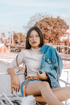 一位时尚的年轻女子穿着牛仔夹克在户外展示都市风格