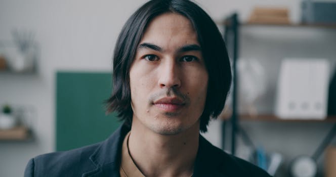 Portrait of a thoughtful adult man with long hair in an indoor setting.